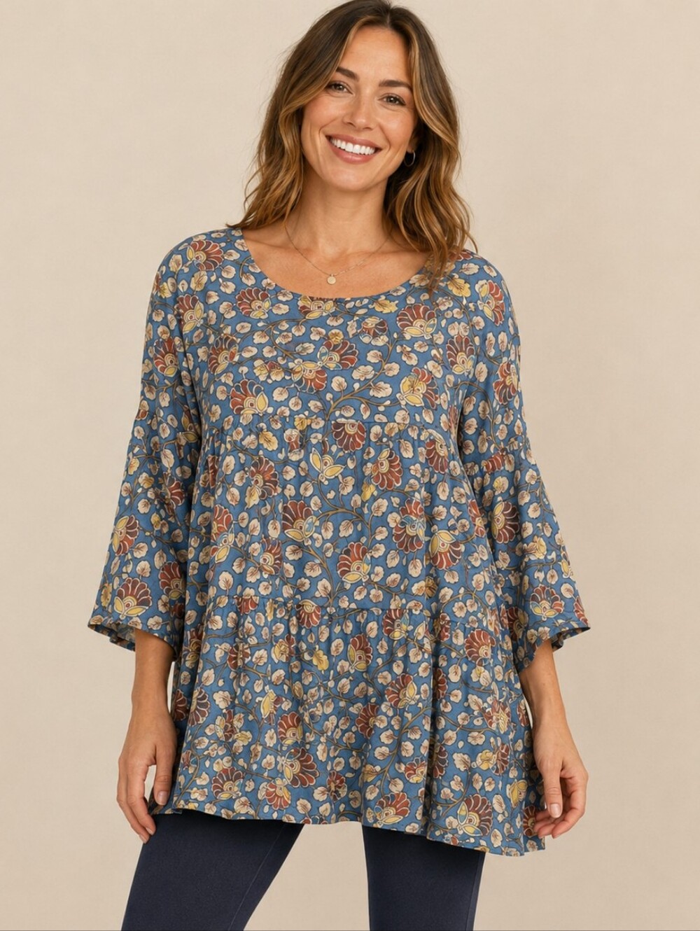 Natural Life Blue Floral Tiered Boho Tunic Top Large A-301